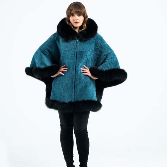 Turquoise fur with leather poncho